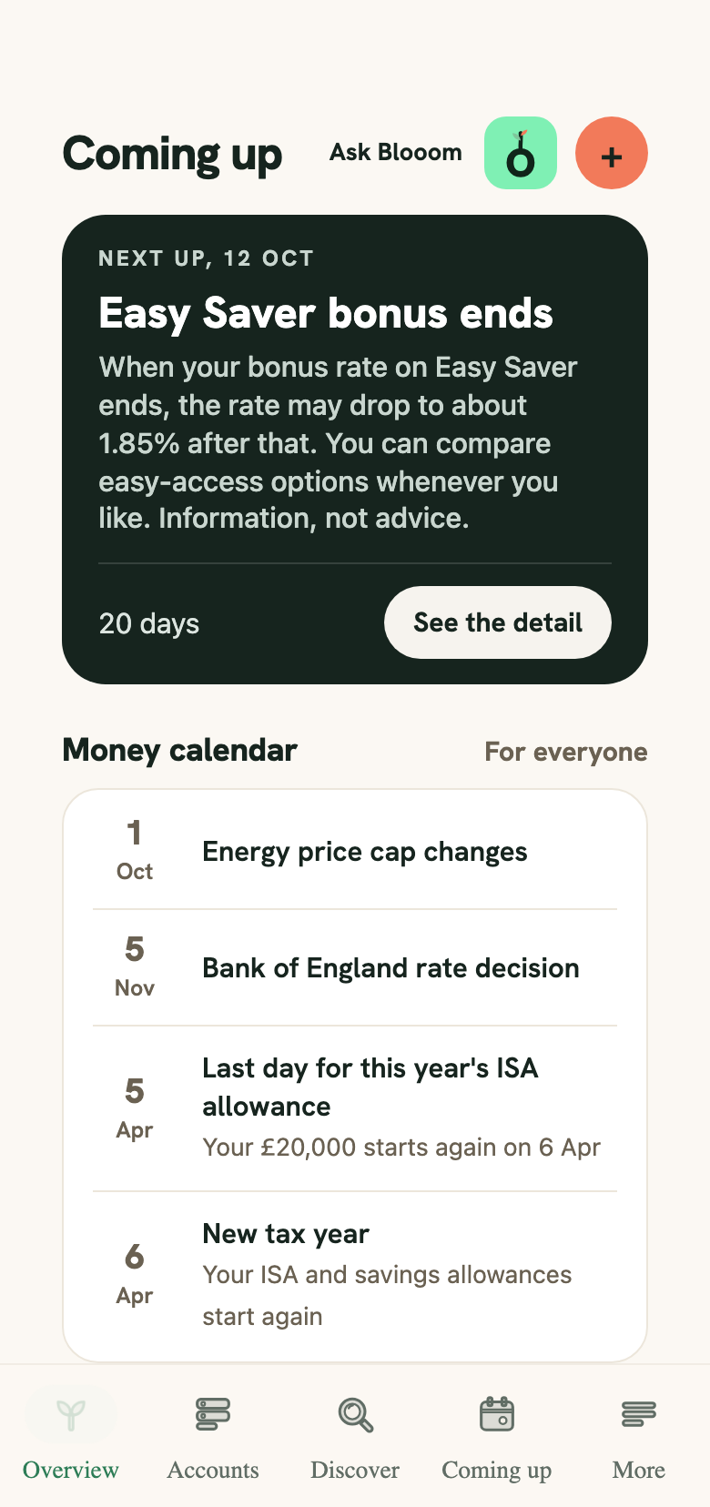 Coming up: the account's bonus end, then the dates in the market