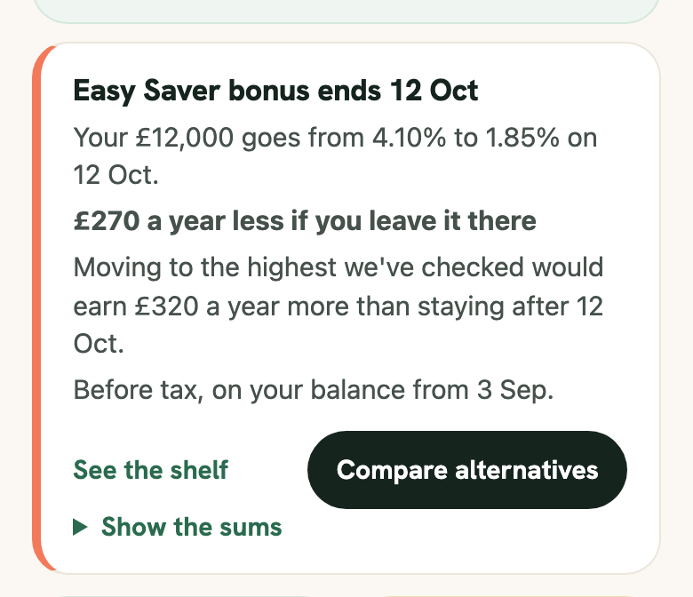 The needs-you card: a savings bonus ending, what it costs, and what staying against moving would earn