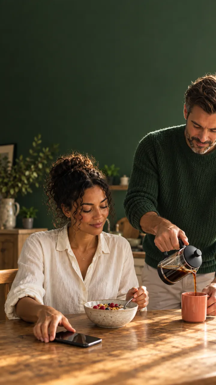 A couple at breakfast, one pouring coffee